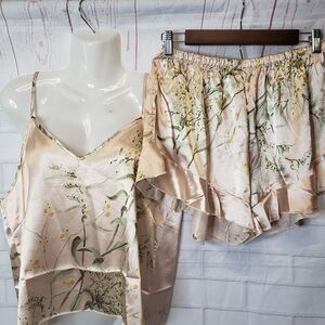 Pretty Champagne Japanese Floral Satin Shorts with Cami Pajamas XL L NWOT Set